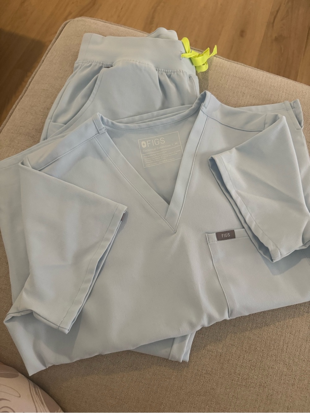 Figs Light Blue Medical Scrub Set with Neon Yellow Drawstring Accent